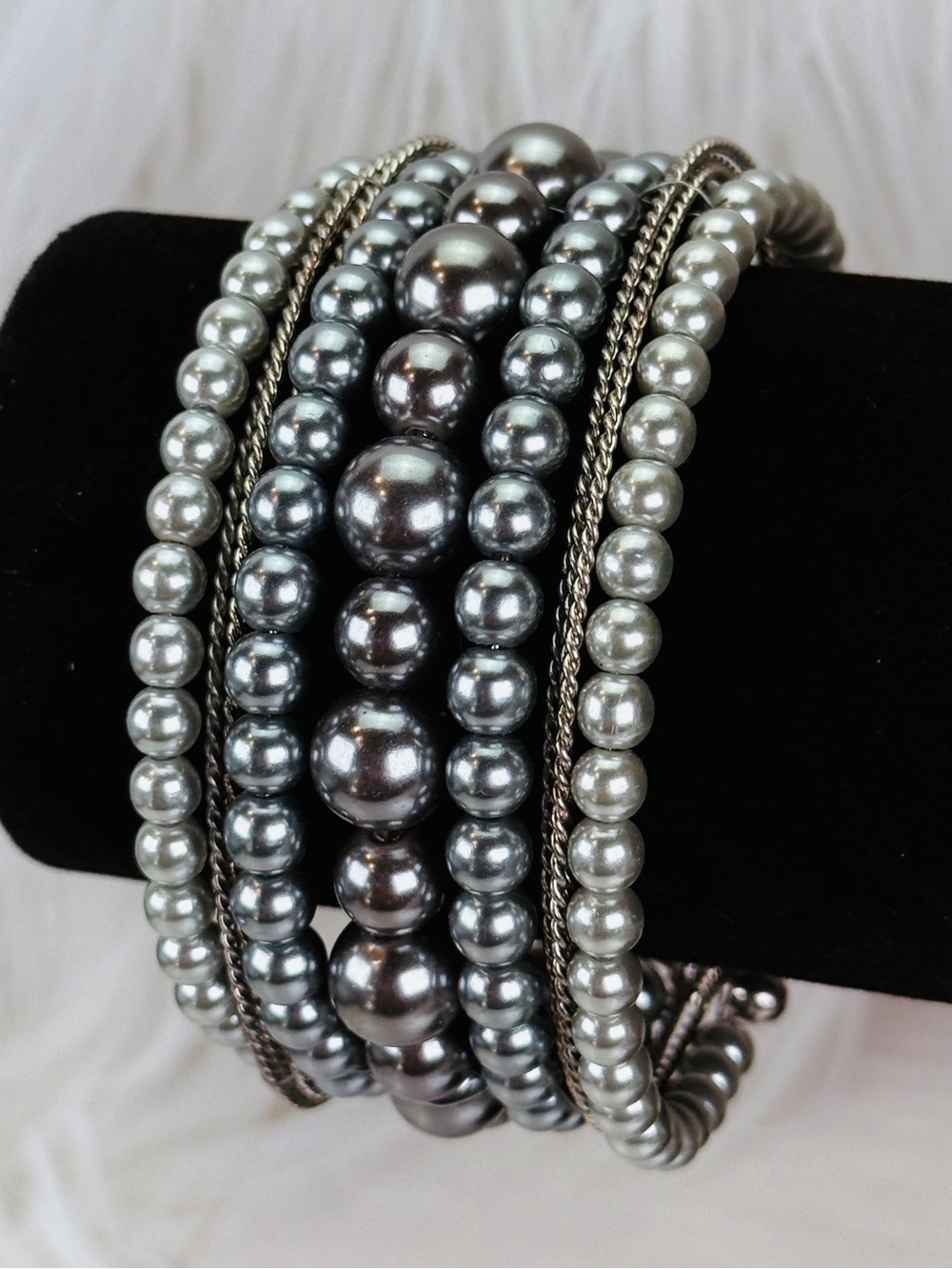 Silvertone and Gray Blueish Metallic Beaded Cuff Bracelet